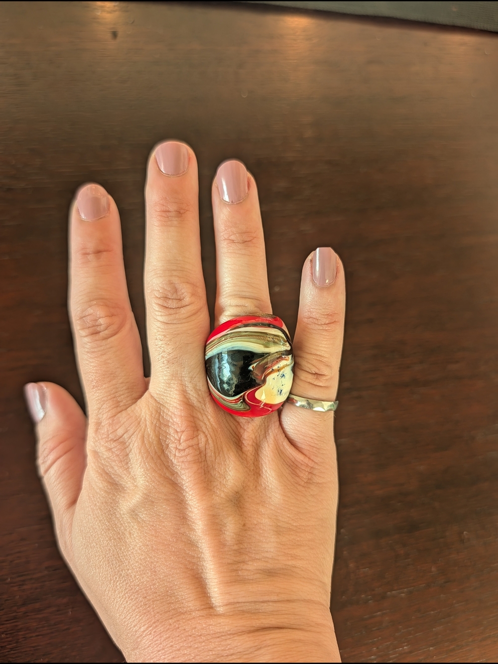 Multicolor Murano Glass Statement Ring - Red, Black, Gold & Cream
